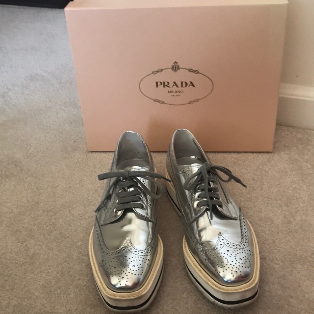 Prada Leather laced Derby shoes in silver
